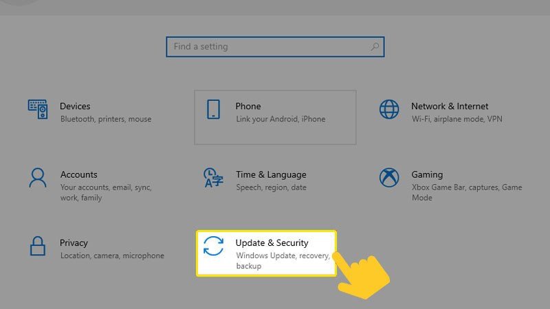 Chọn mục Update and Security trong Windows Settings