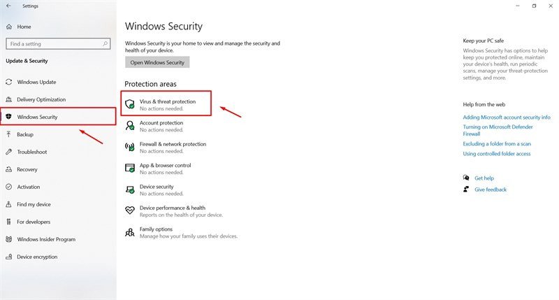 Chọn mục Virus &amp; threat protection trong Windows Security để kiểm tra laptop