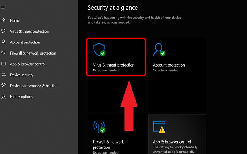 Chọn mục Virus &amp; threat protection trong Windows Security
