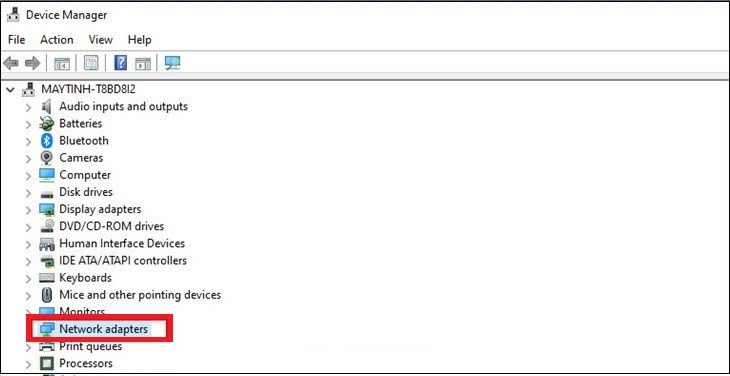 Chọn Network Adapters trong Device Manager để quản lý driver wifi laptop