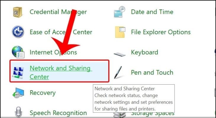 Chọn Network and Sharing Center để quản lý kết nối mạng