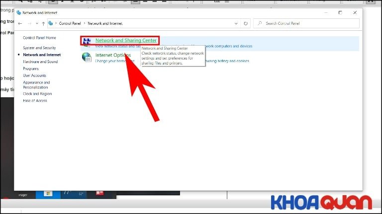 Chọn Network and Sharing Center