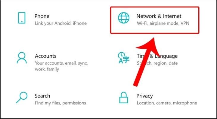 Chọn Network &amp; Internet trong cài đặt để truy cập công cụ khắc phục