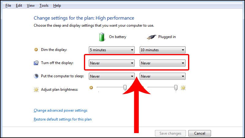 Chọn Never để màn hình không tự động tắt trên Windows 7/8/8.1