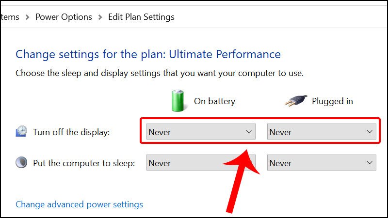 Chọn Never trong Power Options để tránh màn hình laptop tắt