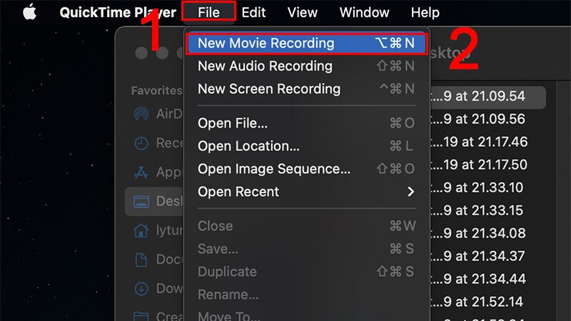 Chọn New Movie Recording trong QuickTime để chiếu màn hình iPhone lên laptop