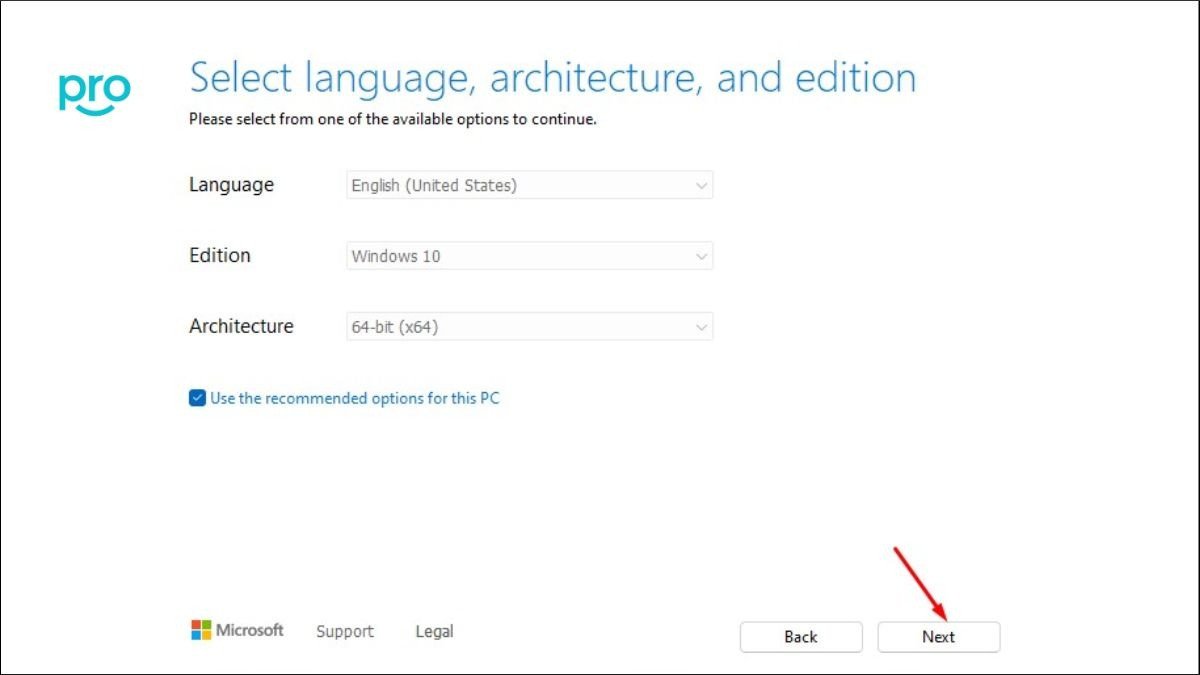 Chọn ngôn ngữ, phiên bản Windows (32-bit hoặc 64-bit) và ấn Next