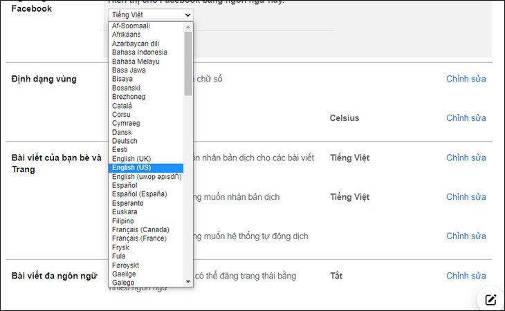 Chọn ngôn ngữ tiếng Anh để thử đổi tên Facebook khi chưa đủ 60 ngày