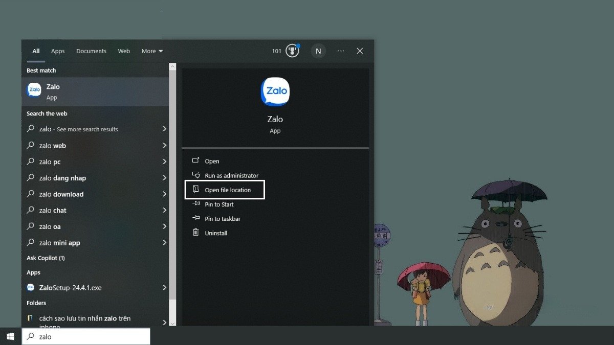 Chọn Open file location để tạo shortcut từ tệp gốc
