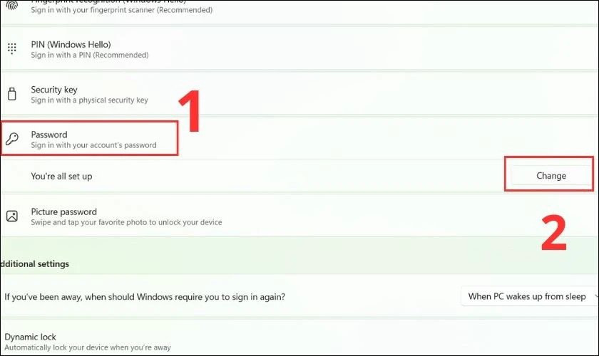 Chọn Password và Change để thay đổi mật khẩu đăng nhập Win 11