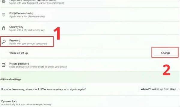 Chọn Password và Change để thay đổi mật khẩu
