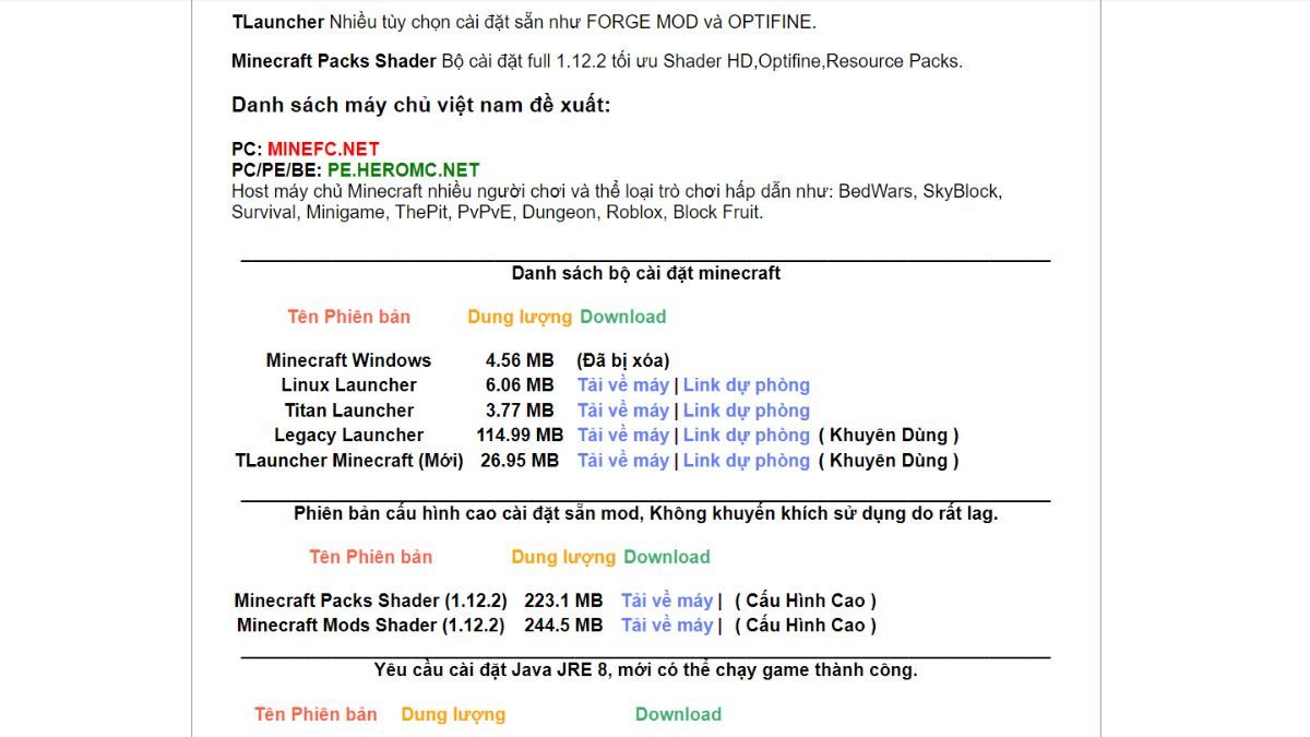 Chọn phiên bản Minecraft PC phù hợp và nhấn tải về máy
