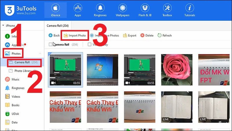Chọn Photos trong 3uTools để import hình ảnh