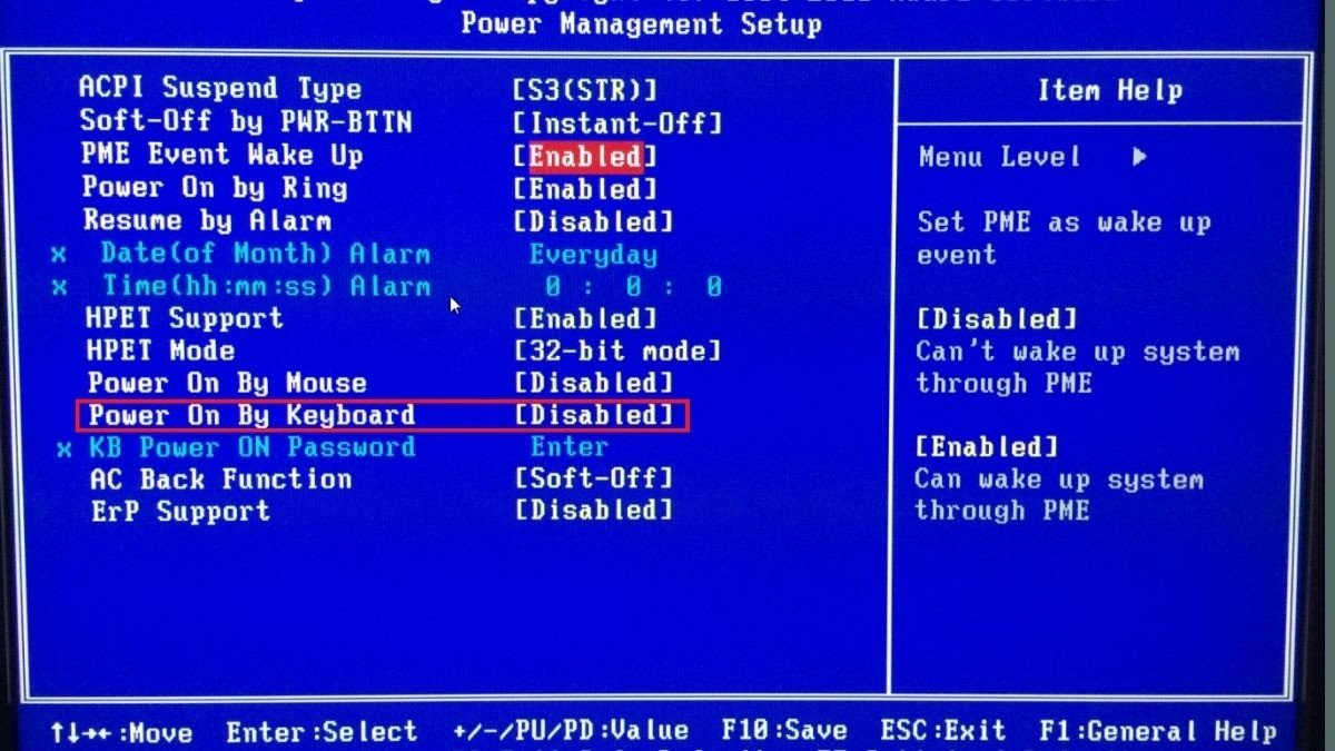 Chọn Power on by Keyboard để bật máy tính HP bằng bàn phím