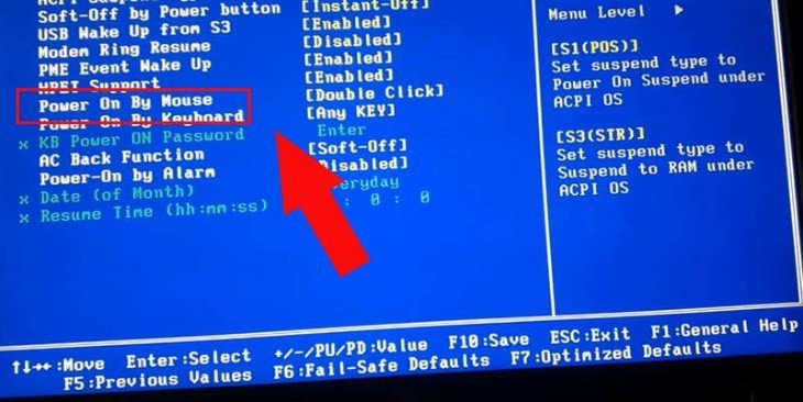 Chọn Power On By Mouse trong BIOS để kích hoạt tính năng mở laptop bằng chuột