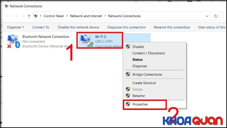 Chọn Properties cho card wifi