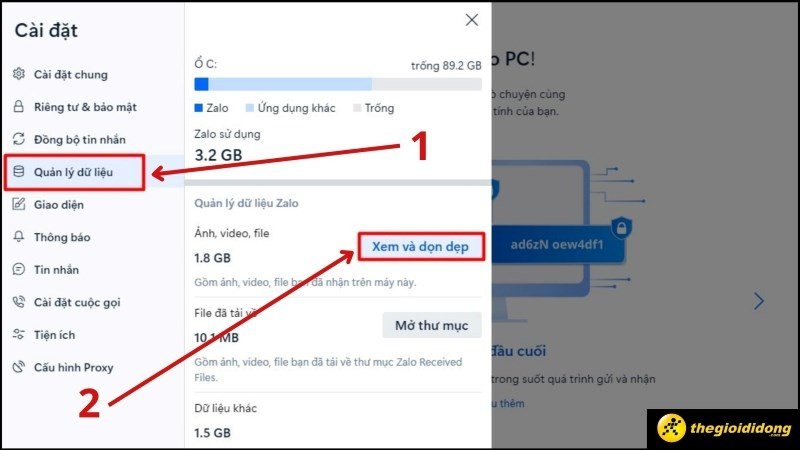 Chọn Quản lý dữ liệu và Xem &amp; dọn dẹp để xóa dữ liệu Zalo có chọn lọc trên laptop