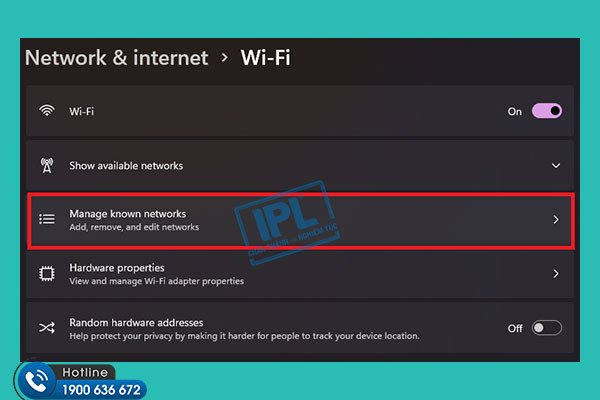 Chọn "Quản lý mạng đã biết" để xem danh sách mạng đã lưu