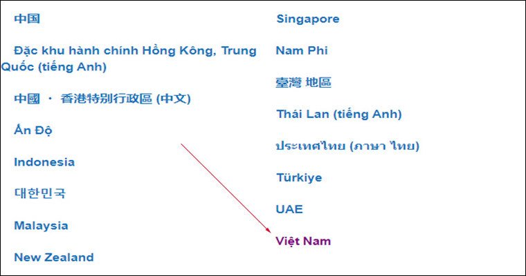 Chọn quốc gia Việt Nam trên trang tải driver máy in Brother
