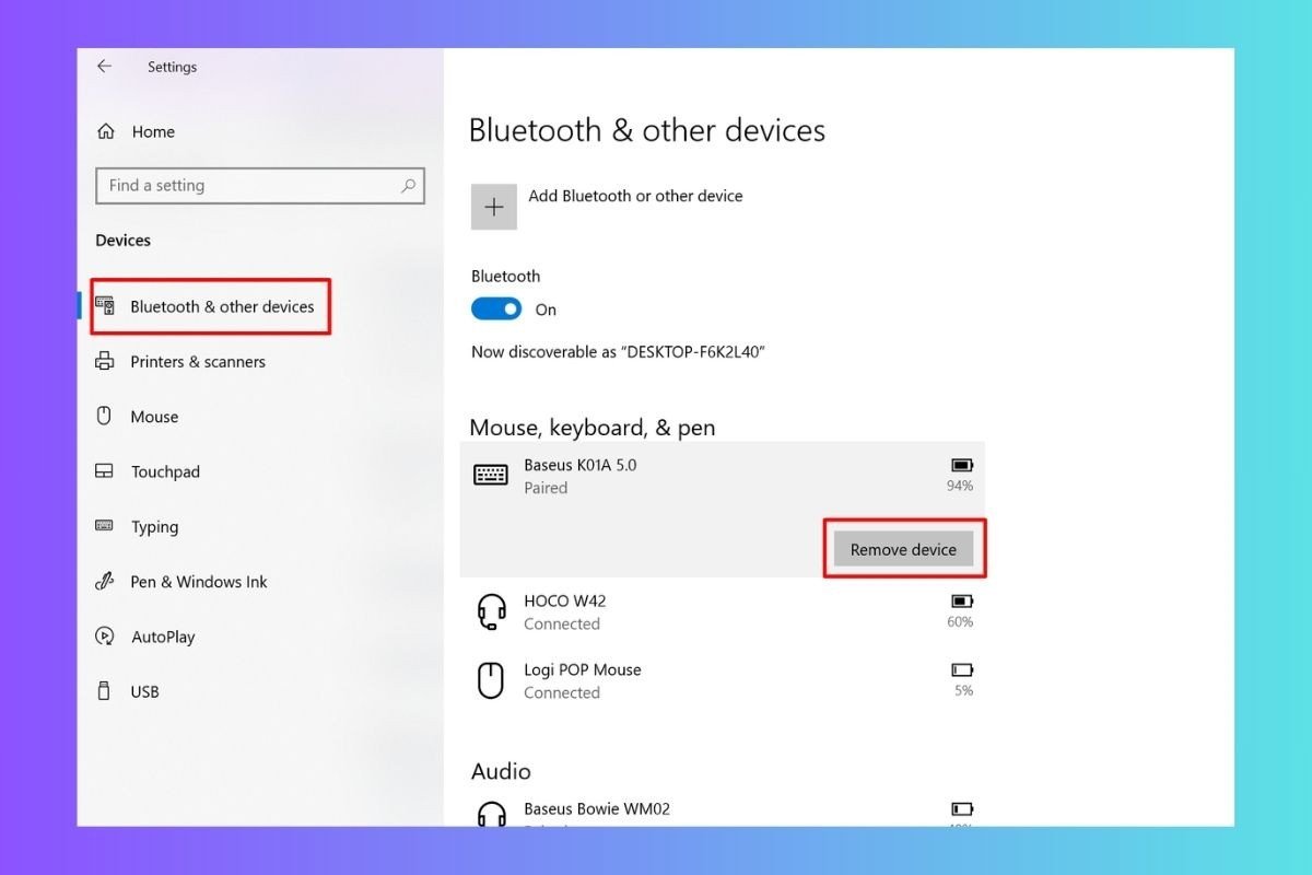 Chọn Remove device để xóa bàn phím Bluetooth khỏi danh sách