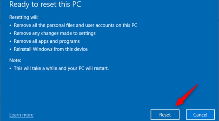 Chọn Reset nếu bạn đã kiểm tra kỹ càng các thông tin cảnh báo