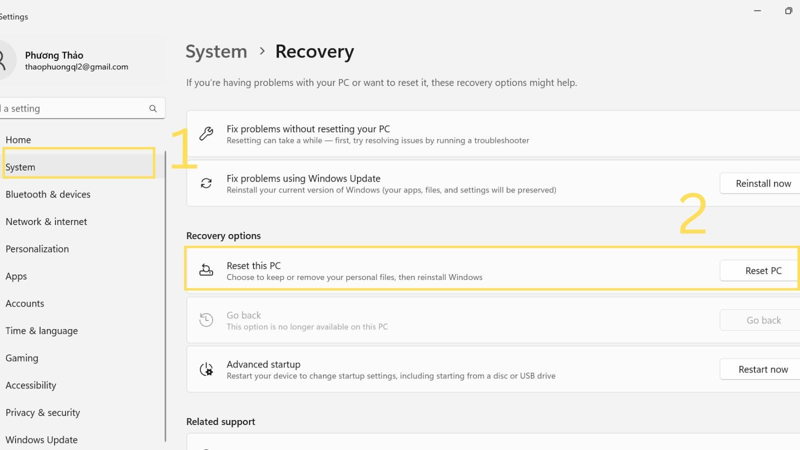 Chọn Reset this PC để bắt đầu