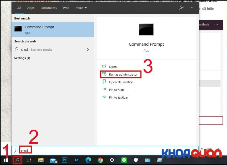 Chọn Run as administrator để mở Command Prompt nhằm sửa lỗi laptop Dell không vào được wifi