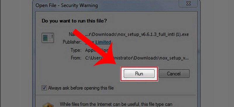 Chọn Run để tiếp tục cài đặt giả lập NoxPlayer trên máy tính