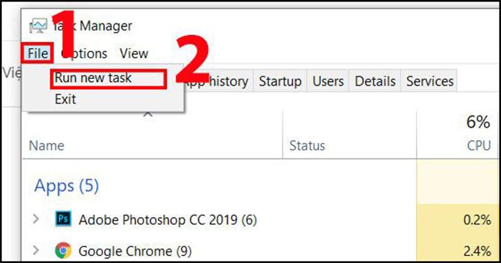 Chọn 'Run new task' từ menu File trong Task Manager để khởi chạy Explorer.exe