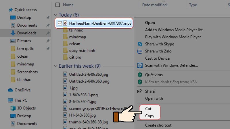 Chọn Sao chép hoặc Cắt file nhạc đã tải từ trình duyệt