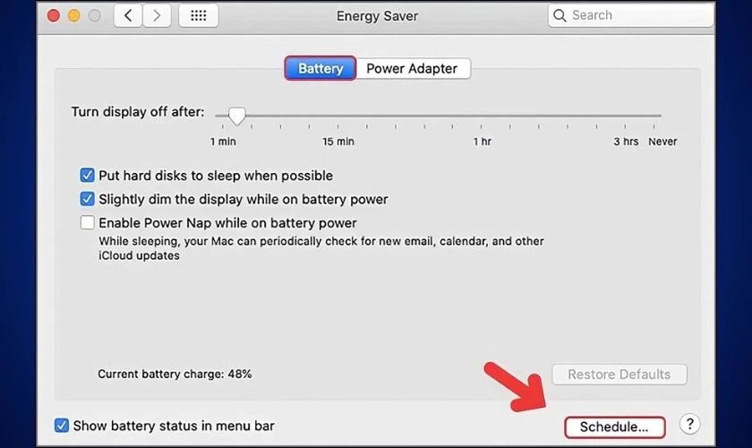 Chọn Schedule để cài đặt thời gian hẹn giờ tắt MacBook