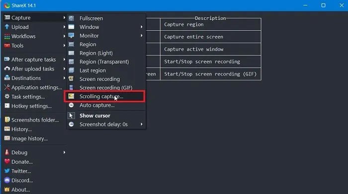 Chọn "Scrolling Capture" trong menu Capture của ShareX để chụp màn hình dài