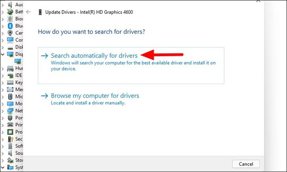 Chọn Search automatically for drivers để hệ thống tự động tìm kiếm bản cập nhật driver đồ họa