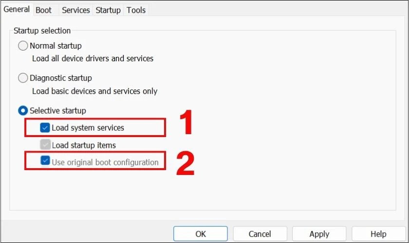 Chọn Selective startup và đánh dấu các tùy chọn cần thiết