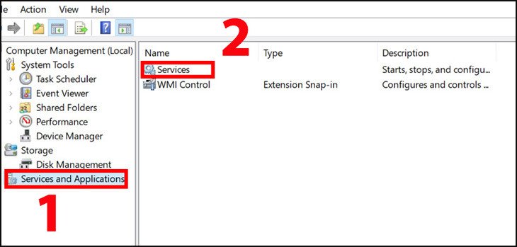 Chọn 'Services and Applications' rồi 'Services' trong cửa sổ Computer Management
