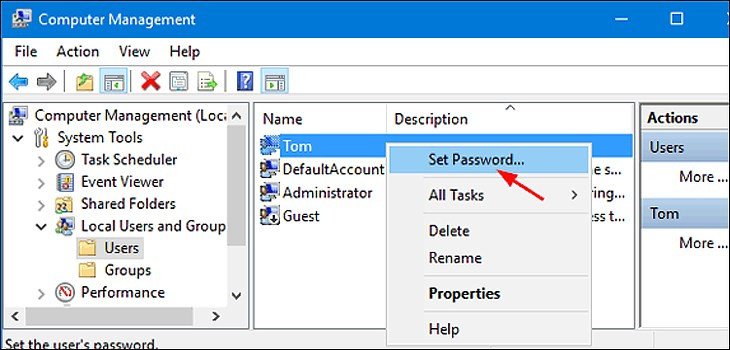 chọn set password trong computer management để đổi mk trên laptop