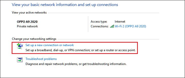 Chọn Set up a new connection or network để bắt đầu thiết lập mạng ad-hoc