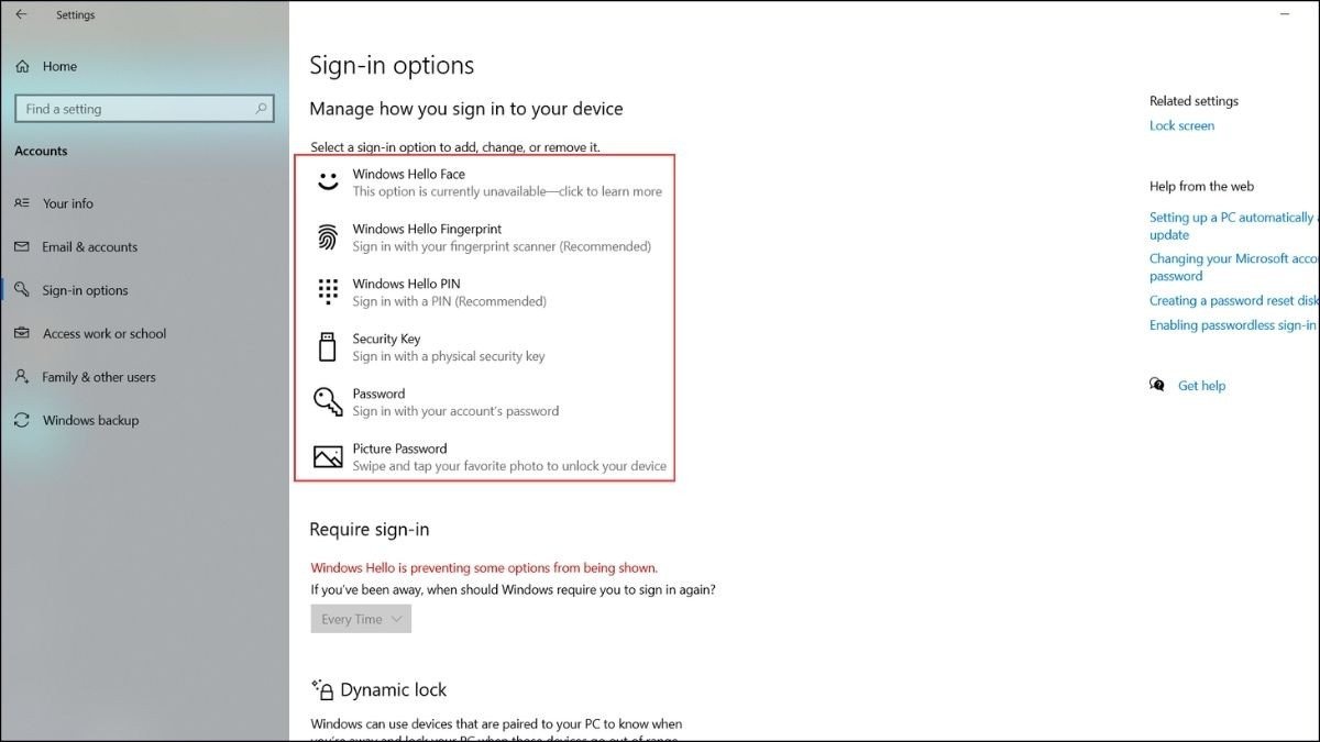 Chọn Sign-in options để cấu hình các phương thức đăng nhập Windows Hello