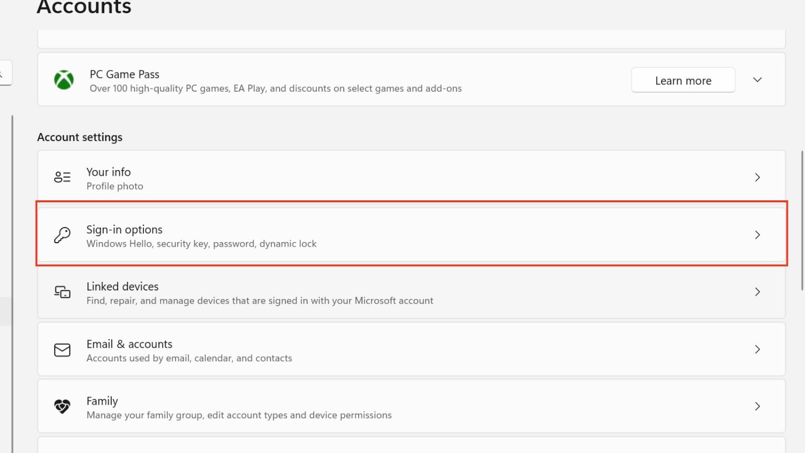 Chọn Sign-in Options trên Windows 11
