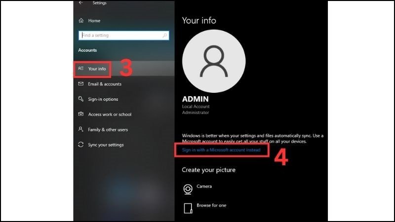 Chọn Sign in with a local account instead để chuyển đổi hoặc xóa tài khoản