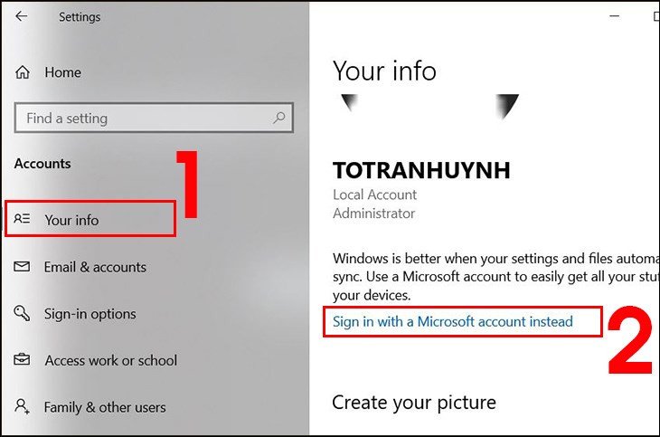Chọn Sign in with a Microsoft account instead trong cài đặt tài khoản