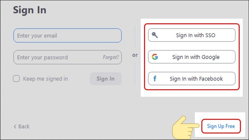 Chọn Sign Up Free để đăng ký tài khoản Zoom mới trên laptop