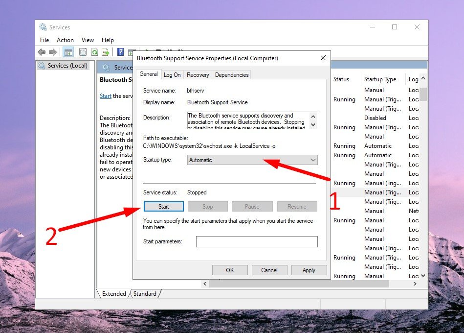 Chọn Startup type Automatic và khởi động Bluetooth Service