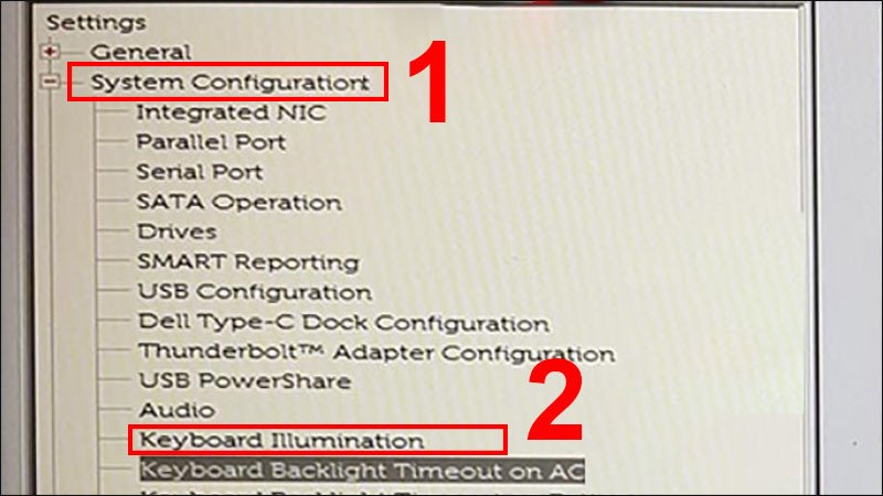 Chọn System Configuration và Keyboard Illumination trong BIOS