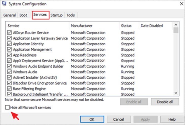 Chọn tab Services trong System Configuration để vô hiệu hóa dịch vụ gây lỗi màn hình xanh