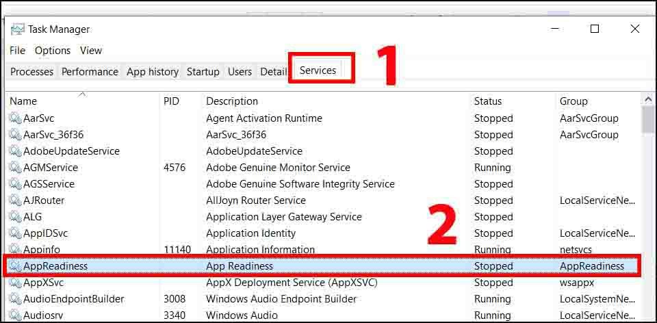 Chọn tab 'Services' trong Task Manager và tìm 'AppReadiness' để xử lý lỗi màn hình đen