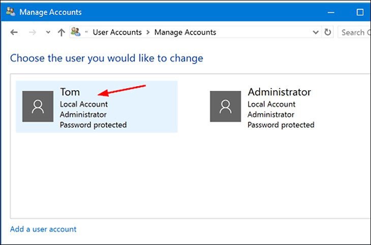 Chọn tài khoản người dùng để thay đổi mật khẩu trong Control Panel