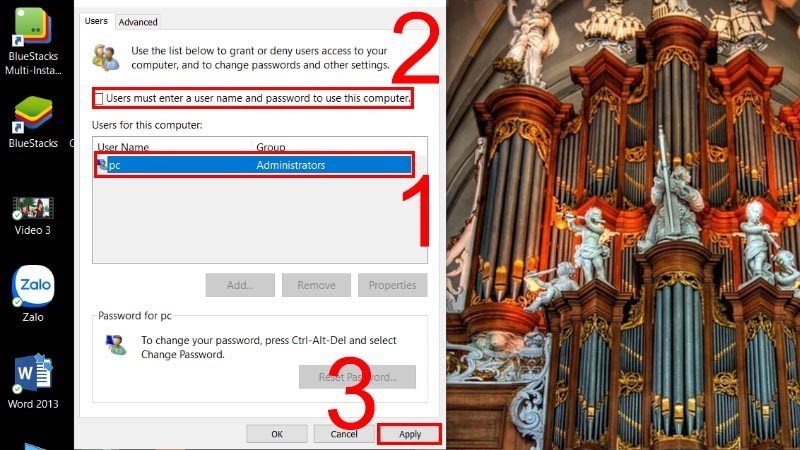 Chọn tài khoản và bỏ chọn yêu cầu mật khẩu