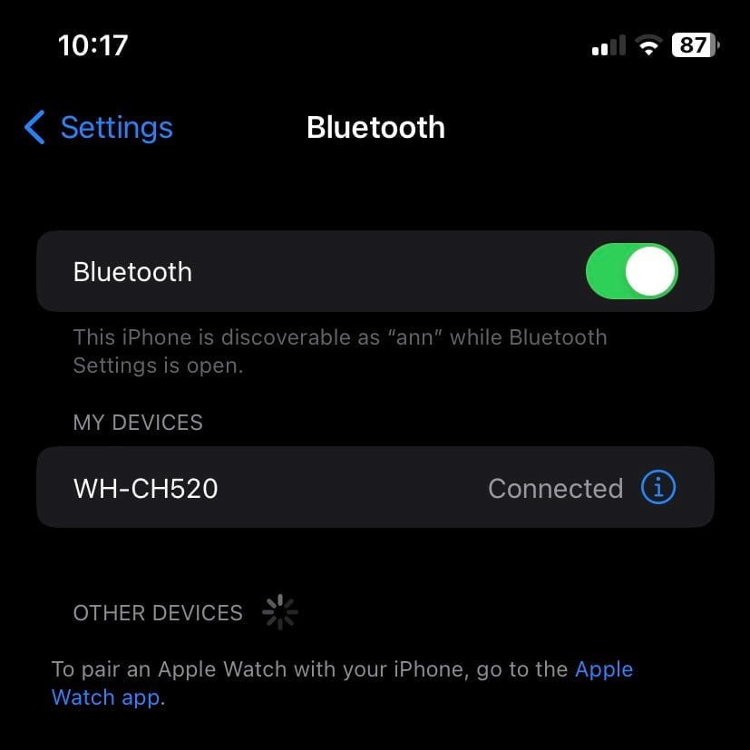 Chọn tai nghe WH-CH520 từ danh sách thiết bị Bluetooth để hoàn tất kết nối