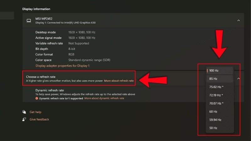 Chọn tần số quét màn hình mong muốn